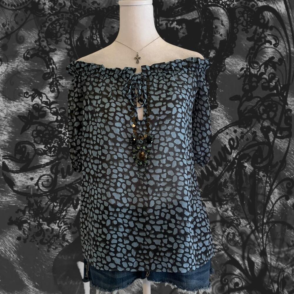 blue black grey abstract reptile off shoulders sheer blouse